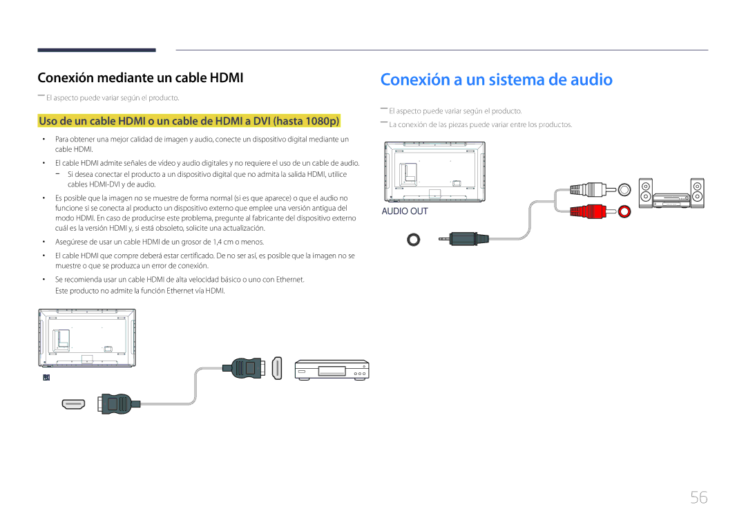 Samsung LH75DMERTBC/EN manual Conexión a un sistema de audio, Uso de un cable Hdmi o un cable de Hdmi a DVI hasta 1080p 