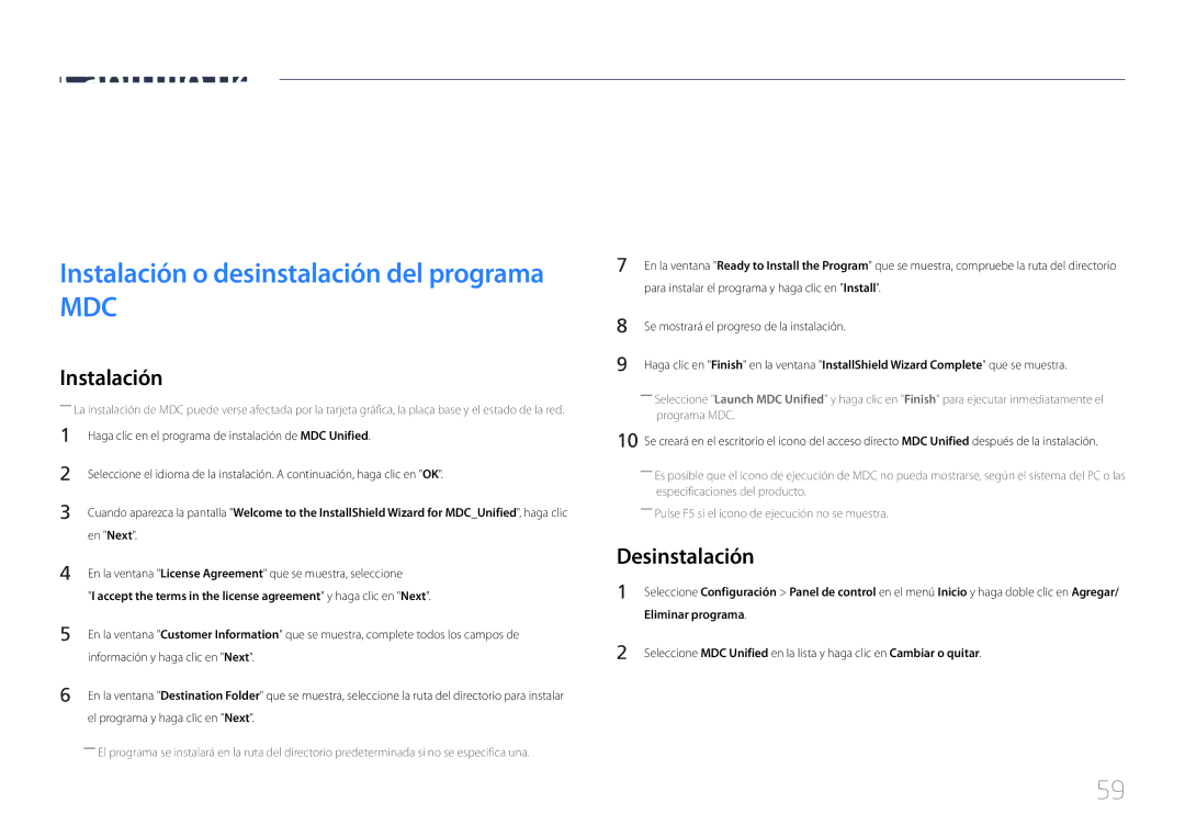 Samsung LH75DMERTBC/EN, LH82DMERTBC/EN, LH65DMERTBC/EN manual Uso de MDC, Desinstalación, Eliminar programa 