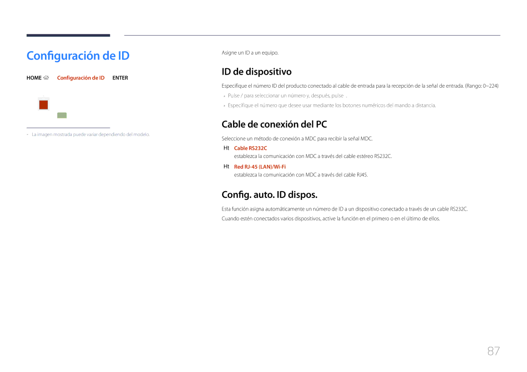 Samsung LH82DMERTBC/EN manual Configuración de ID, ID de dispositivo, Cable de conexión del PC, Config. auto. ID dispos 