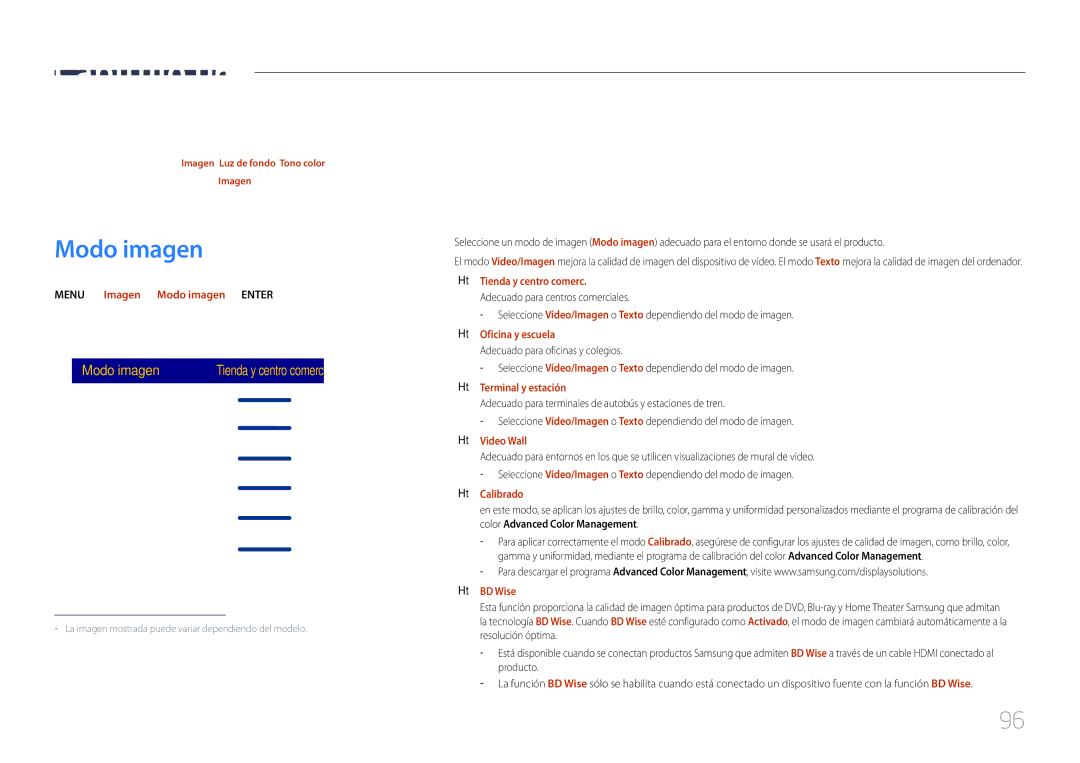 Samsung LH82DMERTBC/EN, LH65DMERTBC/EN, LH75DMERTBC/EN manual Ajuste de pantalla, Menu m → Imagen → Modo imagen → Enter E 