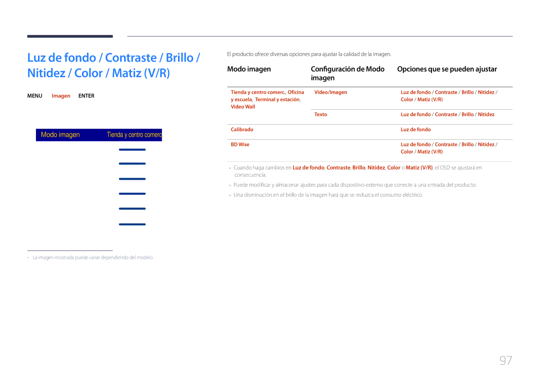 Samsung LH65DMERTBC/EN, LH82DMERTBC/EN, LH75DMERTBC/EN Modo imagen Configuración de Modo, Menu m → Imagen → Enter E 