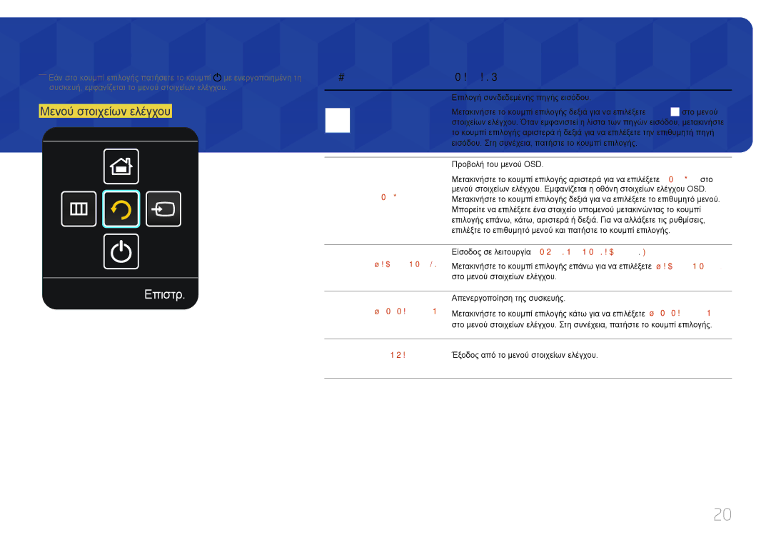 Samsung LH75DMERTBC/EN, LH82DMERTBC/EN, LH65DMERTBC/EN manual Επιστρ, Μενού στοιχείων ελέγχου, Κουμπιά Περιγραφή 