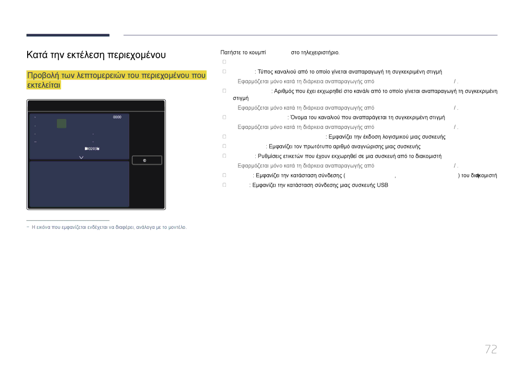 Samsung LH82DMERTBC/EN manual Κατά την εκτέλεση περιεχομένου, Προβολή των λεπτομερειών του περιεχομένου που εκτελείται 