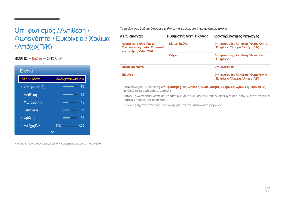 Samsung LH65DMERTBC/EN manual Λειτ. εικόνας Ρυθμίσεις Λειτ. εικόνας Προσαρμόσιμες επιλογές, Menu m → Εικόνα → Enter E 