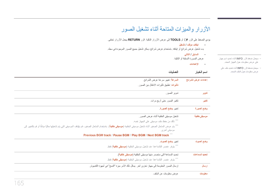 Samsung LH82DMERTBC/NG, LH82DMERTBC/EN, LH65DMERTBC/NG, LH75DMERTBC/NG manual روصلا ليغشت ءانثأ ةحاتملا تازيملاو رارزلأا, 165 