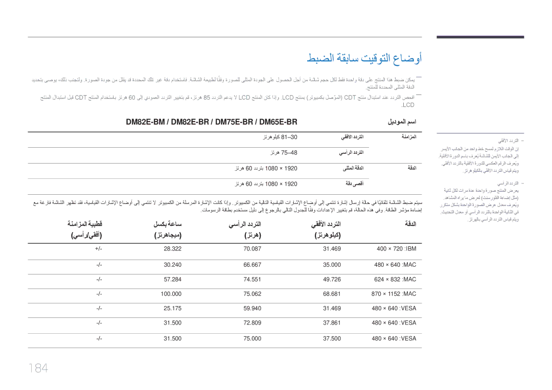 Samsung LH82DMERTBC/EN manual طبضلا ةقباس تيقوتلا عاضوأ, 184, DM82E-BM / DM82E‏ -BR / DM75E‏ -BR / ‏DM65E-BR ليدوملا مسا 