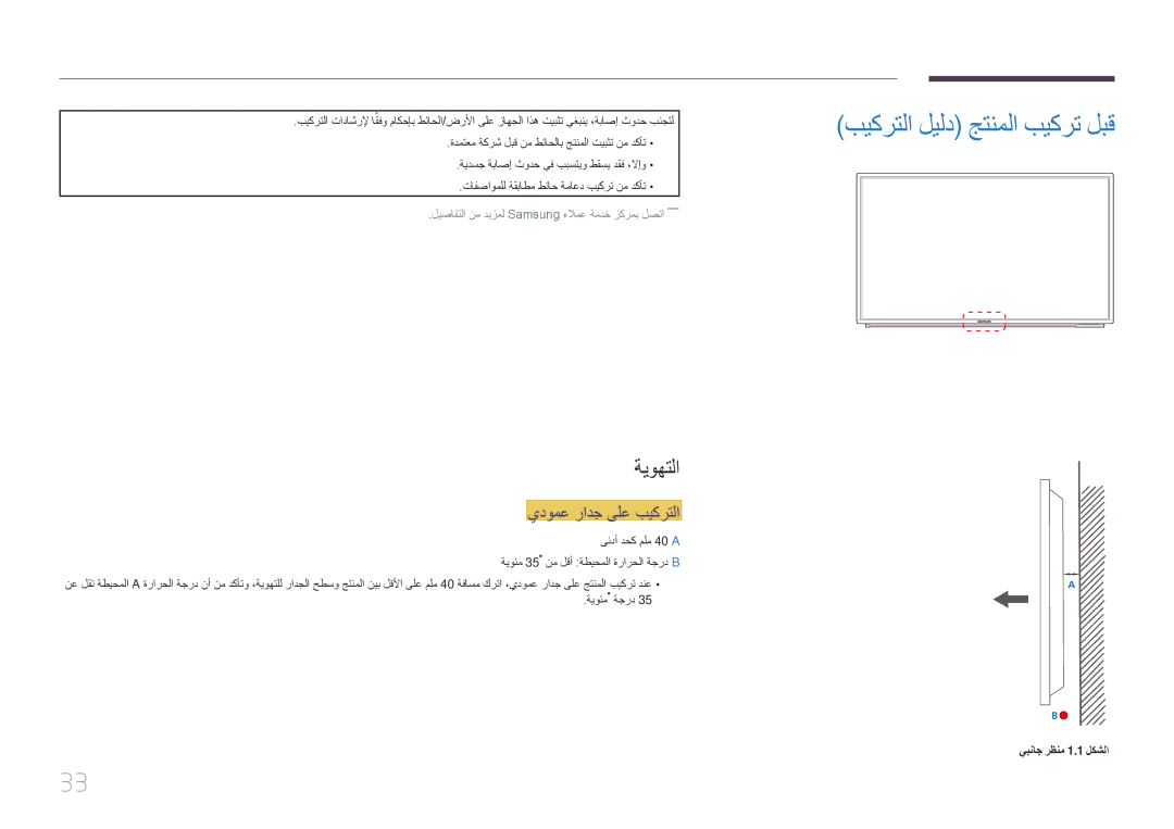 Samsung LH82DMERTBC/NG manual بيكرتلا ليلد جتنملا بيكرت لبق, ةيوهتلا, يدومع رادج ىلع بيكرتلا, يبناج رظنم 1.1 لكشلا 