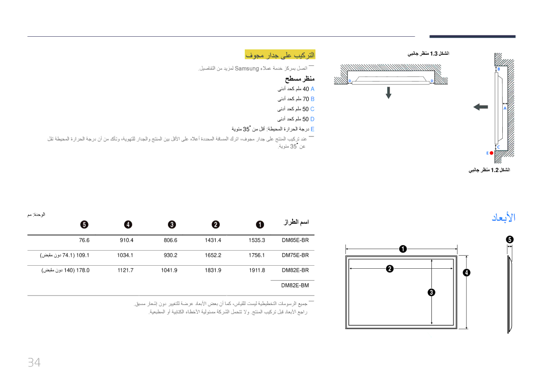 Samsung LH65DMERTBC/NG داعبلأا, فوجم رادج ىلع بيكرتلا, حطسم رظنم, زارطلا مسا, يبناج رظنم 1.3 لكشلا يبناج رظنم 1.2 لكشلا 