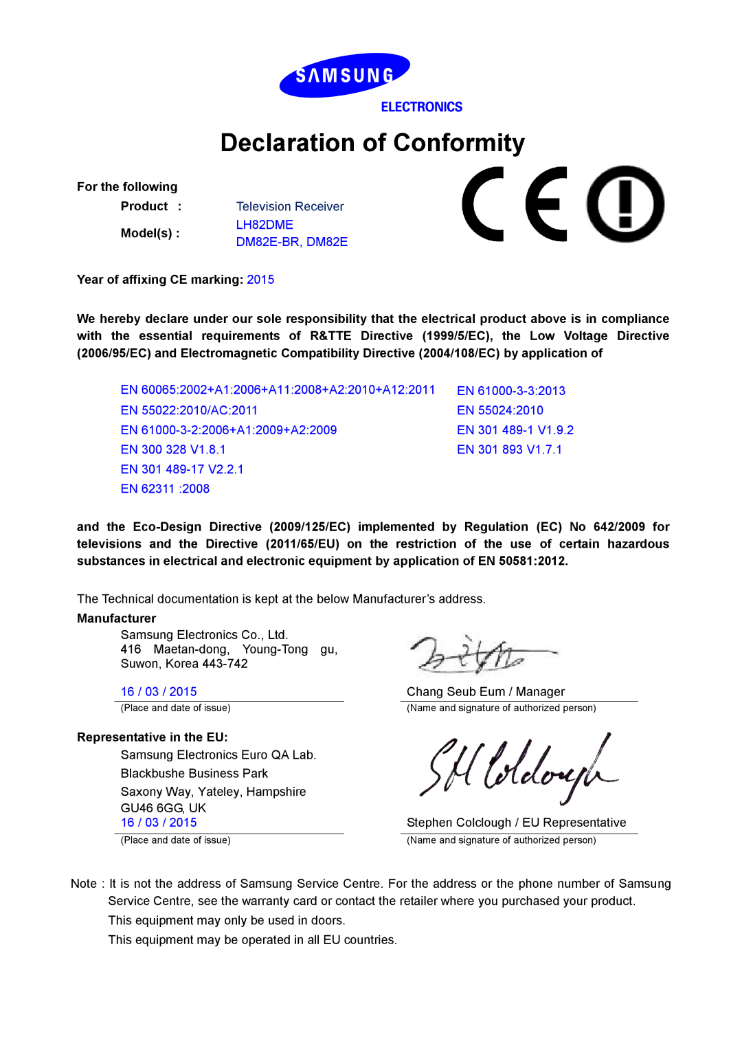 Samsung LH82DMERTBC/NG, LH82DMERTBC/EN manual Declaration of Conformity, DM82E-BR, DM82E 