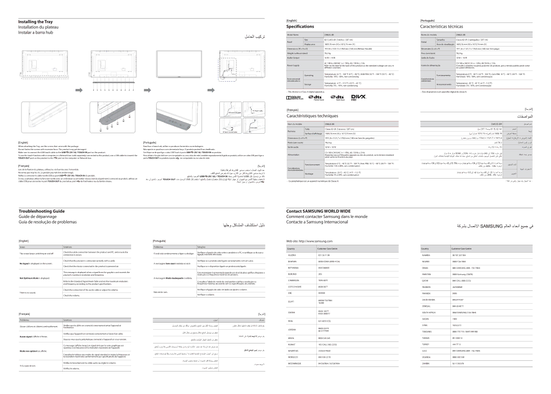 Samsung LH82DMERTBC/EN, LH82DMERTBC/NG manual Installing the Tray, Specifications 