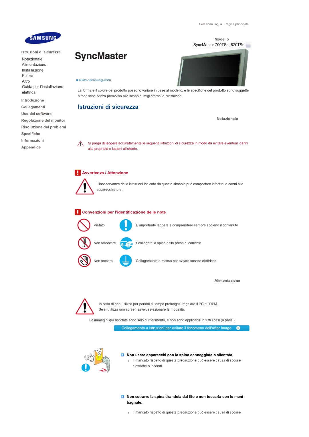 Samsung LH82TCTMBC/EN manual Istruzioni di sicurezza, Modello, Notazionale, Alimentazione 