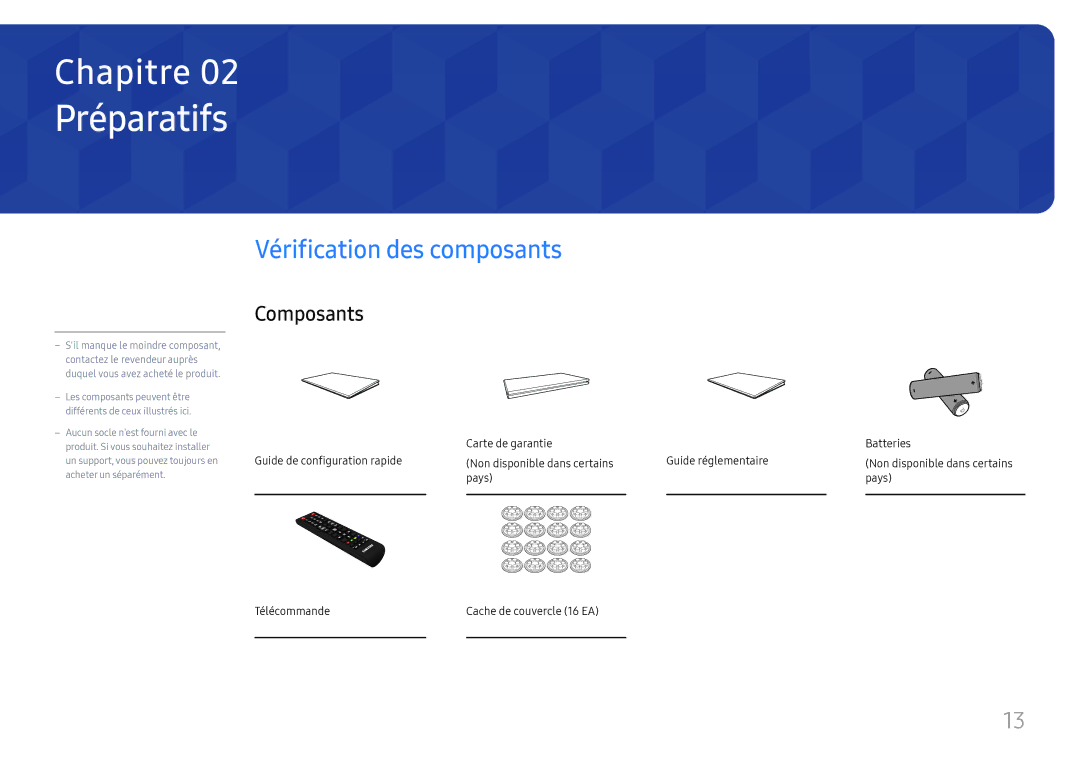 Samsung LH85OHFPLBC/EN, LH85OHFPJBC/EN manual Préparatifs, Vérification des composants, Composants 