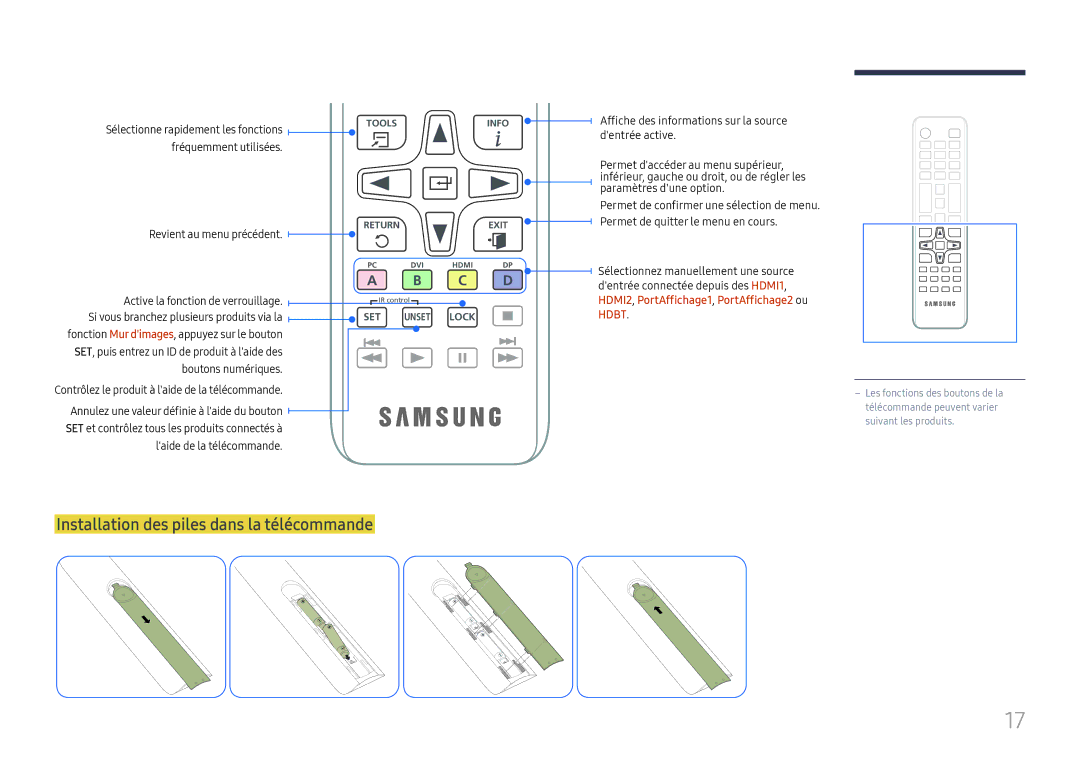 Samsung LH85OHFPLBC/EN, LH85OHFPJBC/EN manual Installation des piles dans la télécommande, Fréquemment utilisées 