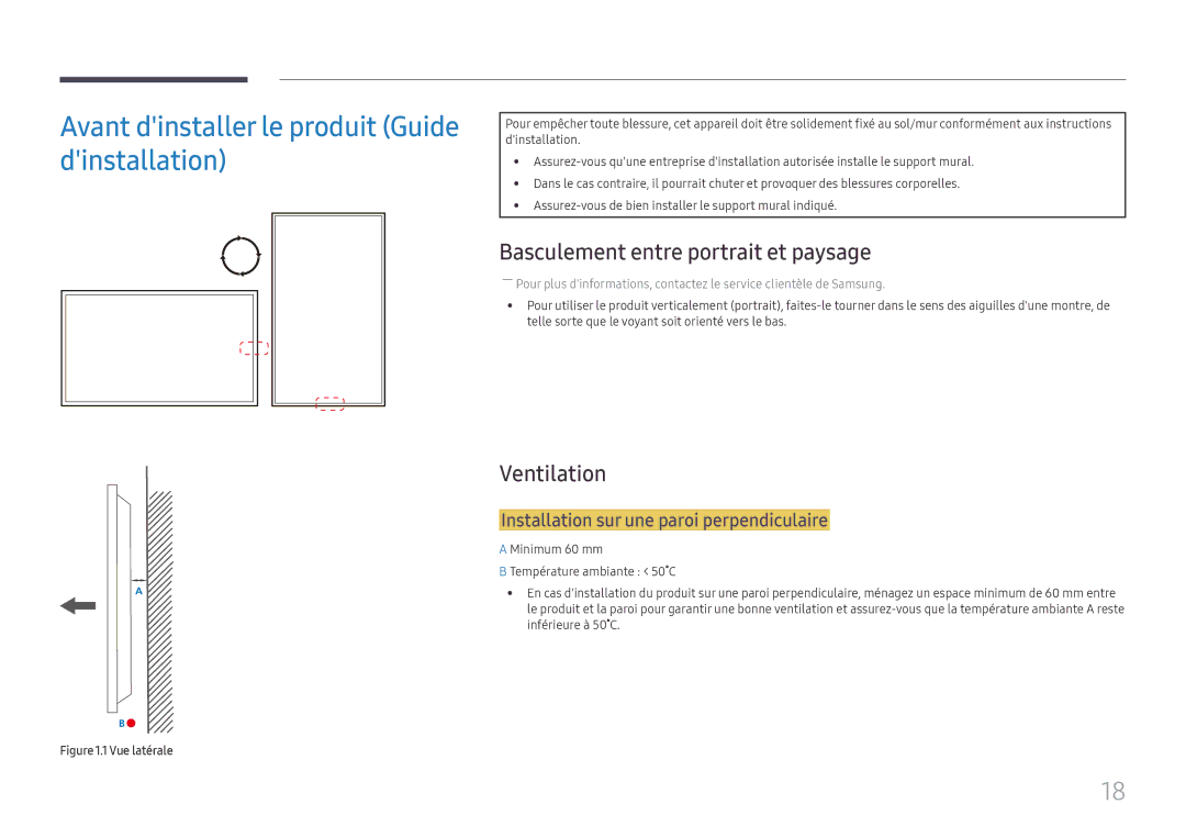 Samsung LH85OHFPJBC/EN Avant dinstaller le produit Guide dinstallation, Basculement entre portrait et paysage, Ventilation 