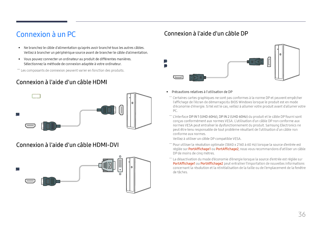 Samsung LH85OHFPJBC/EN manual Connexion à un PC, Connexion à laide dun câble Hdmi, Connexion à laide dun câble HDMI-DVI 