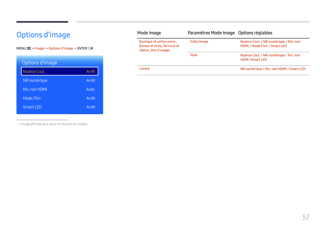 Samsung LH85OHFPLBC/EN, LH85OHFPJBC/EN manual Options dimage, NR numérique Arrêt Niv. noir Hdmi, Mode Film Arrêt Smart LED 