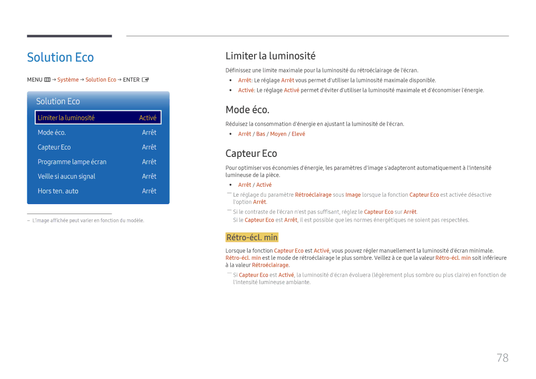 Samsung LH85OHFPJBC/EN, LH85OHFPLBC/EN manual Solution Eco, Limiter la luminosité, Mode éco, Capteur Eco 