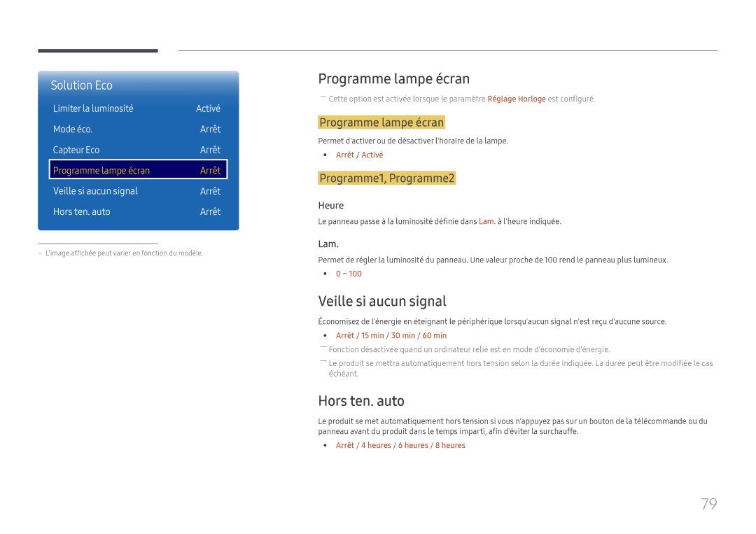 Samsung LH85OHFPLBC/EN manual Programme lampe écran, Veille si aucun signal, Hors ten. auto, Programme1, Programme2 
