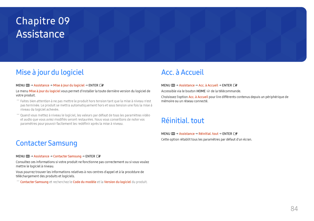 Samsung LH85OHFPJBC/EN manual Assistance, Mise à jour du logiciel, Contacter Samsung, Acc. à Accueil, Réinitial. tout 