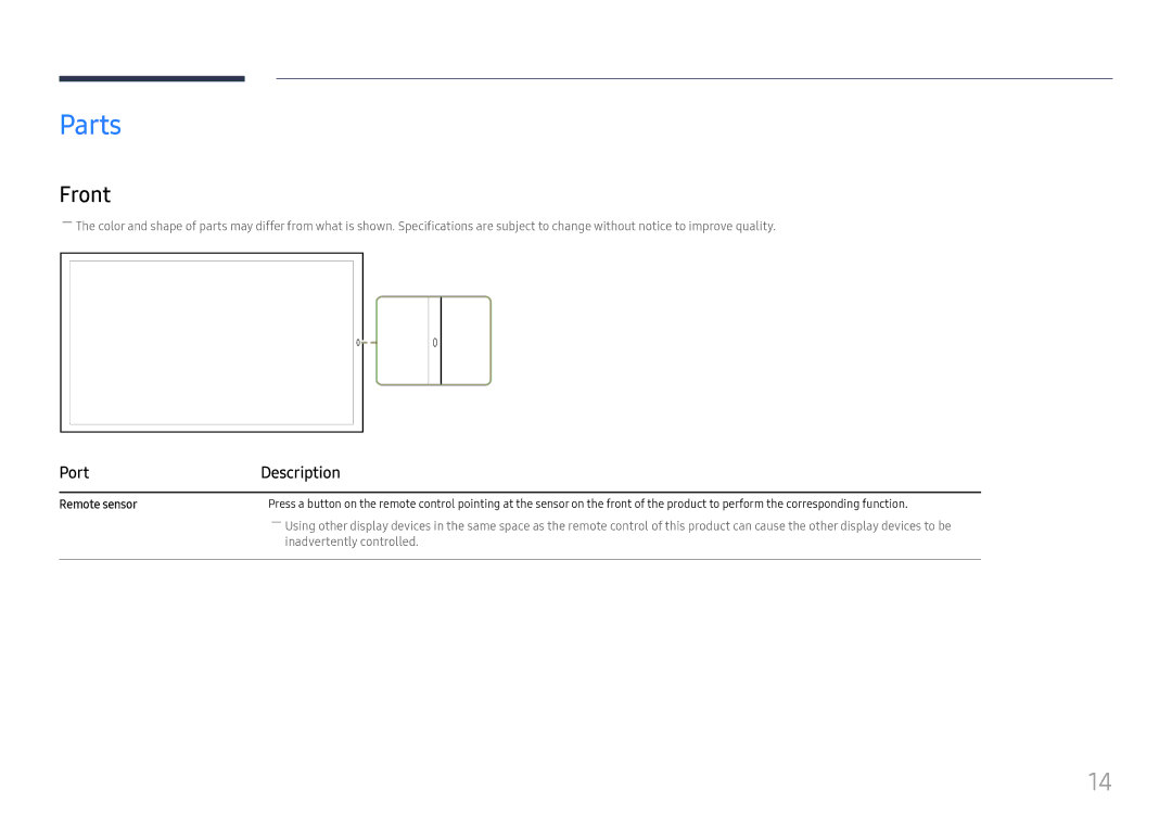 Samsung LH85OHFPJBC/EN, LH85OHFPLBC/EN manual Parts, Front, Port Description, Remote sensor 