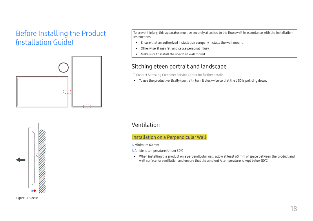 Samsung LH85OHFPJBC/EN manual Switching between portrait and landscape, Ventilation, Installation on a Perpendicular Wall 