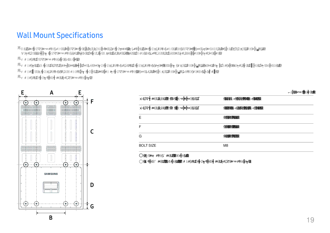 Samsung LH85OHFPLBC/EN, LH85OHFPJBC/EN manual Wall Mount Specifications, Bolt Size 