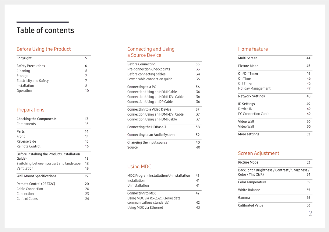 Samsung LH85OHFPJBC/EN, LH85OHFPLBC/EN manual Table of contents 