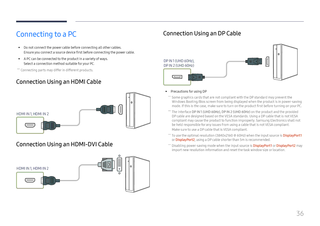 Samsung LH85OHFPJBC/EN manual Connecting to a PC, Connection Using an Hdmi Cable, Connection Using an HDMI-DVI Cable 