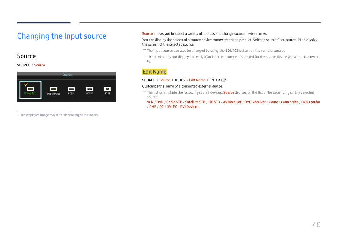 Samsung LH85OHFPJBC/EN, LH85OHFPLBC/EN manual Changing the Input source, Edit Name, Source → Source 