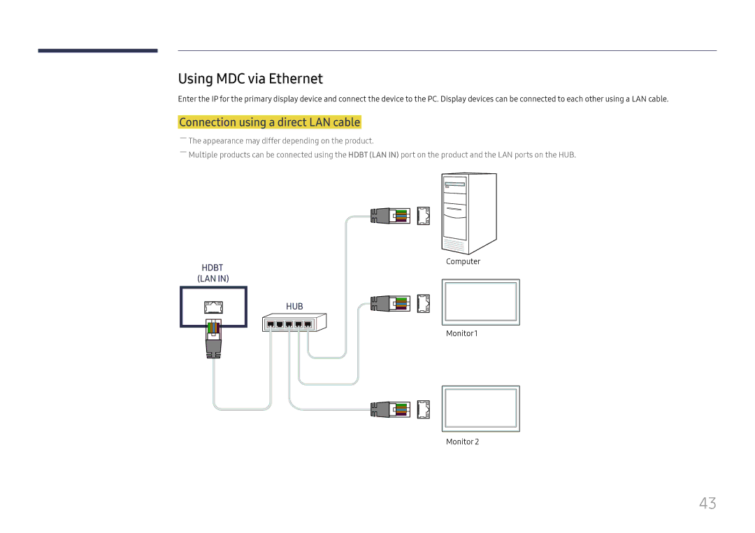 Samsung LH85OHFPLBC/EN, LH85OHFPJBC/EN manual Using MDC via Ethernet, Connection using a direct LAN cable 