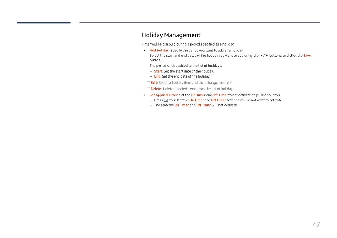 Samsung LH85OHFPLBC/EN, LH85OHFPJBC/EN manual Holiday Management 