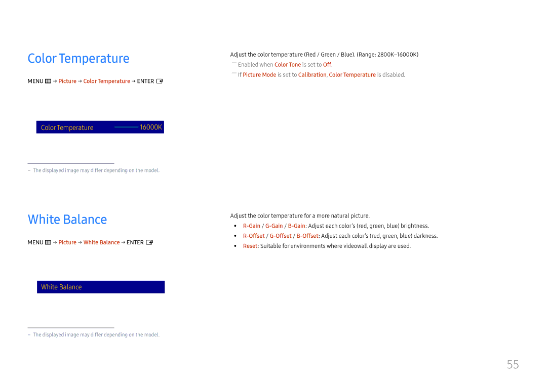 Samsung LH85OHFPLBC/EN, LH85OHFPJBC/EN manual White Balance, Menu m → Picture → Color Temperature → Enter E 