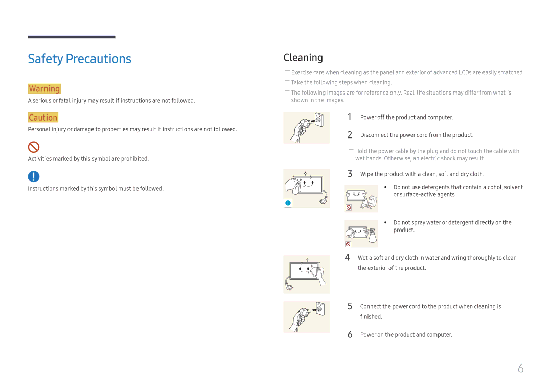 Samsung LH85OHFPJBC/EN, LH85OHFPLBC/EN manual Safety Precautions, Cleaning, Power off the product and computer 