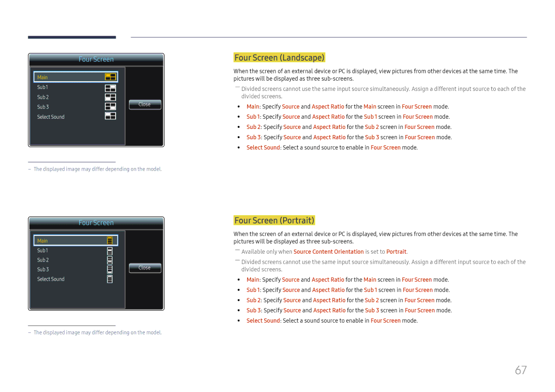 Samsung LH85OHFPLBC/EN, LH85OHFPJBC/EN manual Four Screen Landscape, Four Screen Portrait 