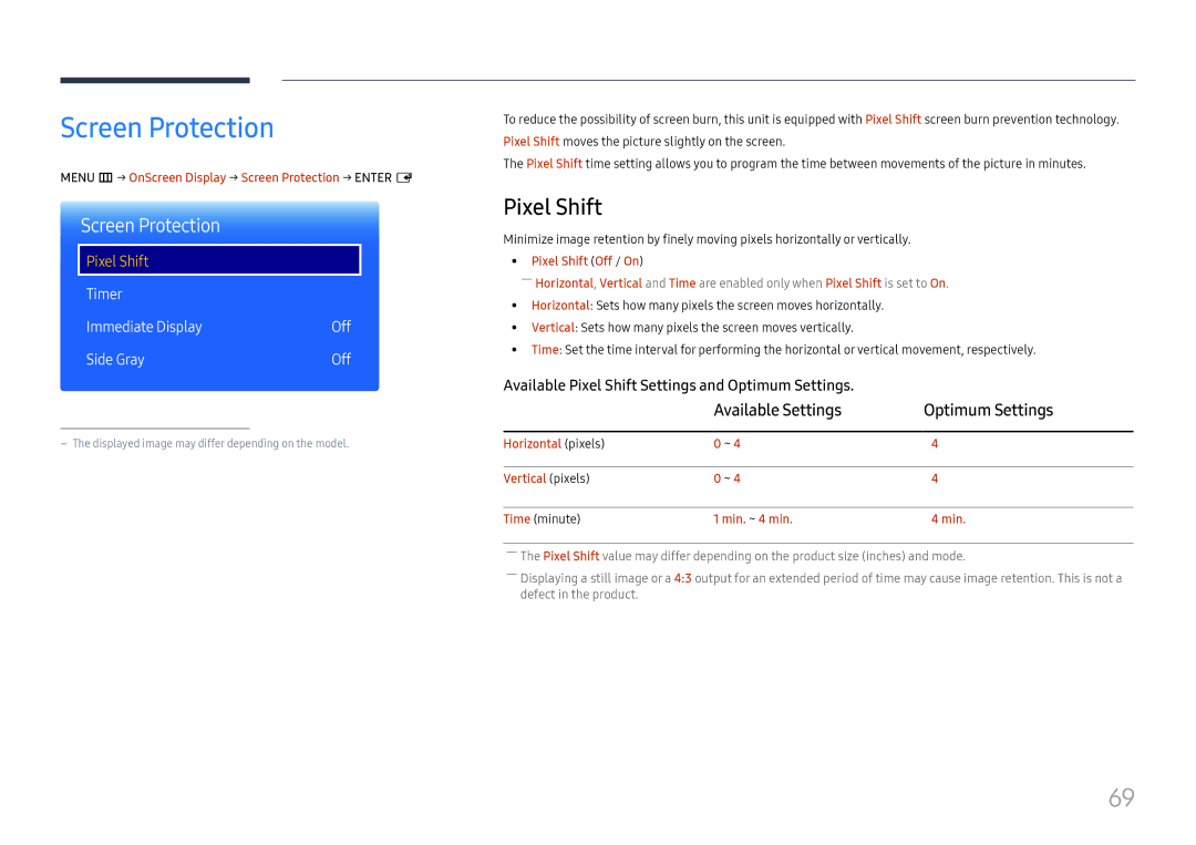 Samsung LH85OHFPLBC/EN, LH85OHFPJBC/EN manual Screen Protection, Pixel Shift, Available Settings Optimum Settings 