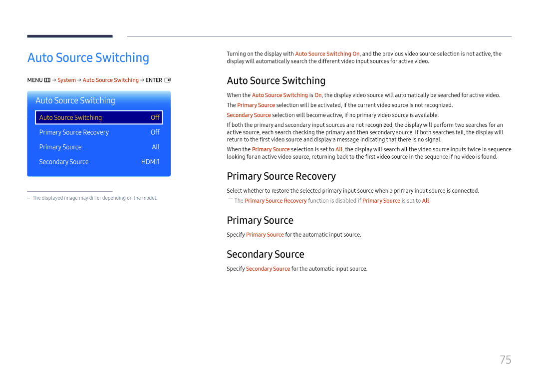 Samsung LH85OHFPLBC/EN, LH85OHFPJBC/EN manual Auto Source Switching, Primary Source Recovery, Secondary Source 