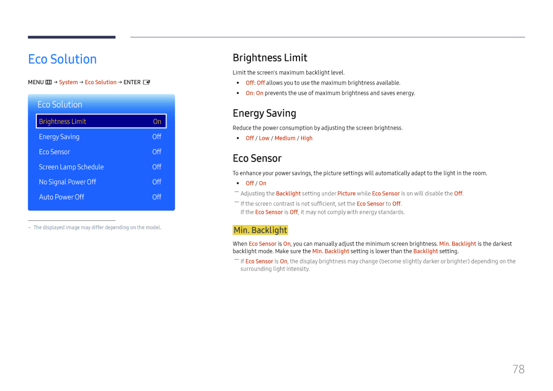 Samsung LH85OHFPJBC/EN, LH85OHFPLBC/EN manual Eco Solution, Brightness Limit, Energy Saving, Eco Sensor 