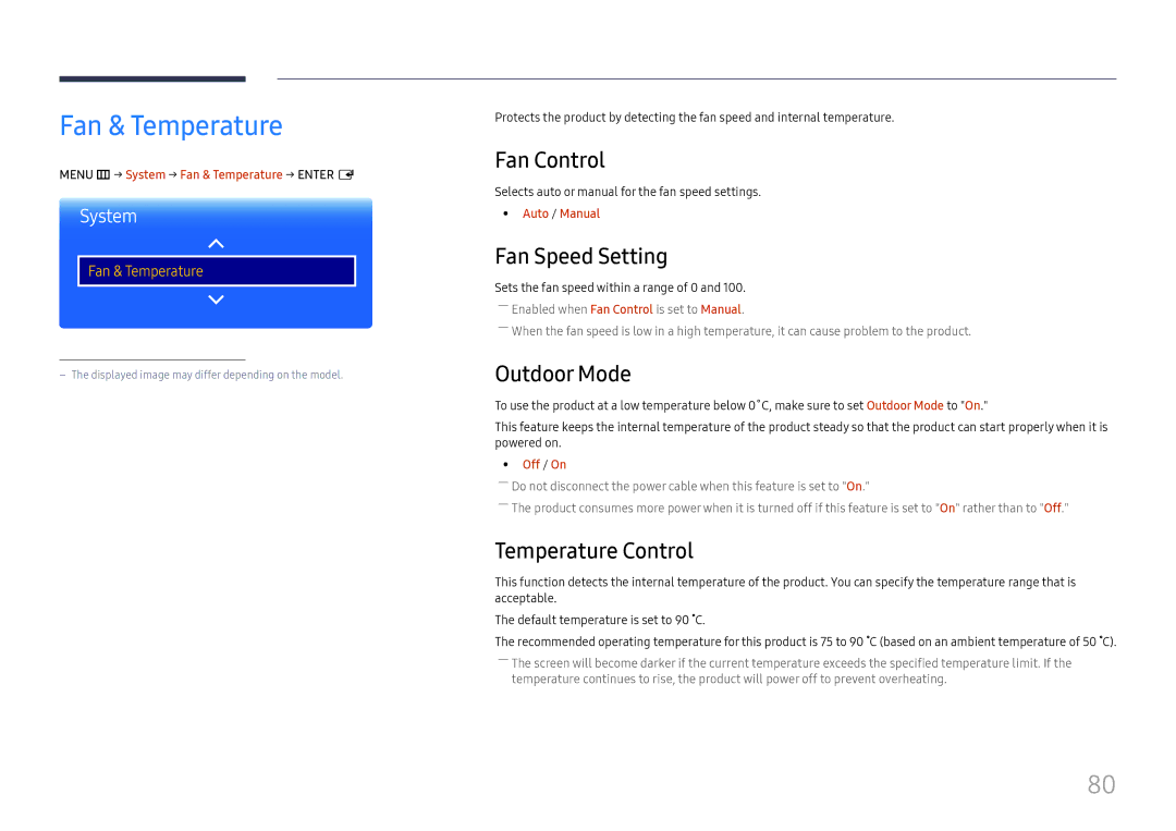 Samsung LH85OHFPJBC/EN manual Fan & Temperature, Fan Control, Fan Speed Setting, Outdoor Mode, Temperature Control 