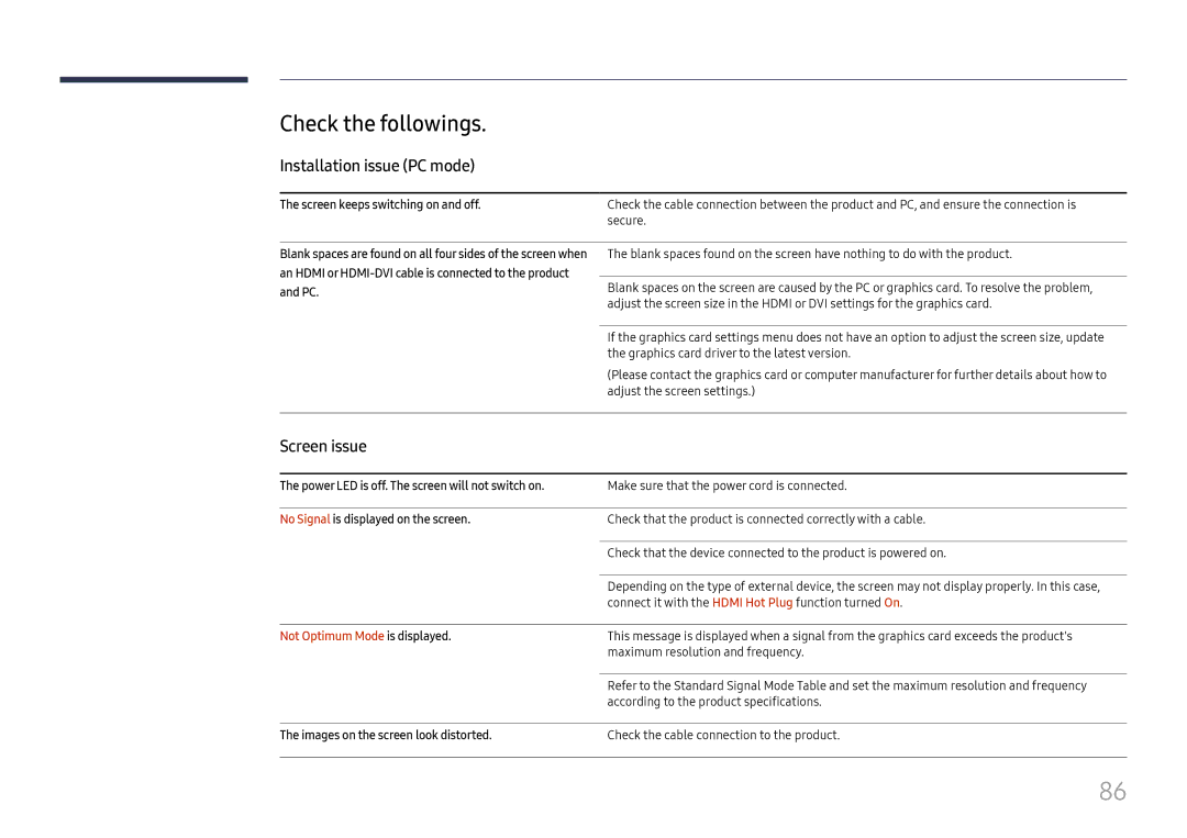 Samsung LH85OHFPJBC/EN manual Check the followings, Installation issue PC mode, Screen issue, Not Optimum Mode is displayed 