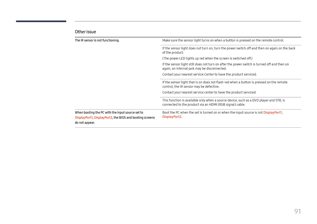 Samsung LH85OHFPLBC/EN manual IR sensor is not functioning, When booting the PC with the input source set to, DisplayPort2 