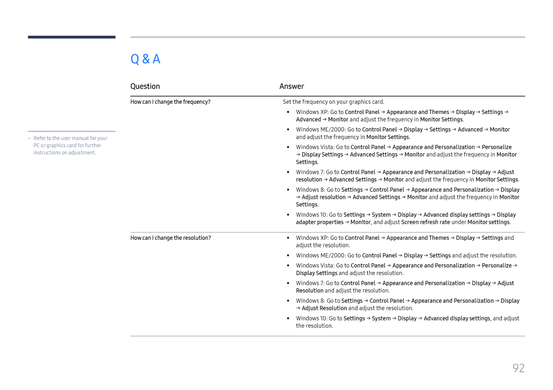 Samsung LH85OHFPJBC/EN manual Question Answer, How can I change the frequency?, Settings, How can I change the resolution? 