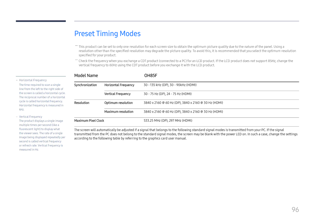 Samsung LH85OHFPJBC/EN Preset Timing Modes, Synchronization Horizontal Frequency, Vertical Frequency, Maximum resolution 