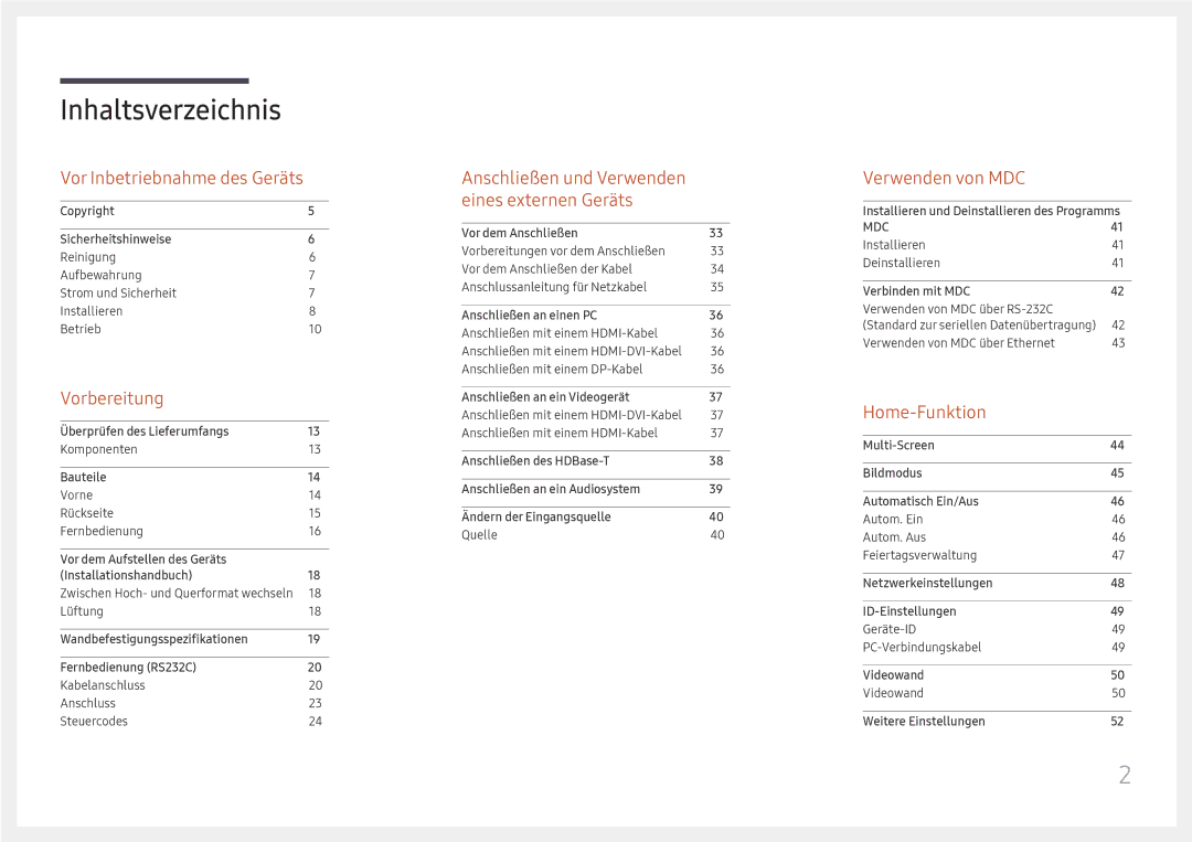 Samsung LH85OHFPLBC/EN manual Inhaltsverzeichnis 