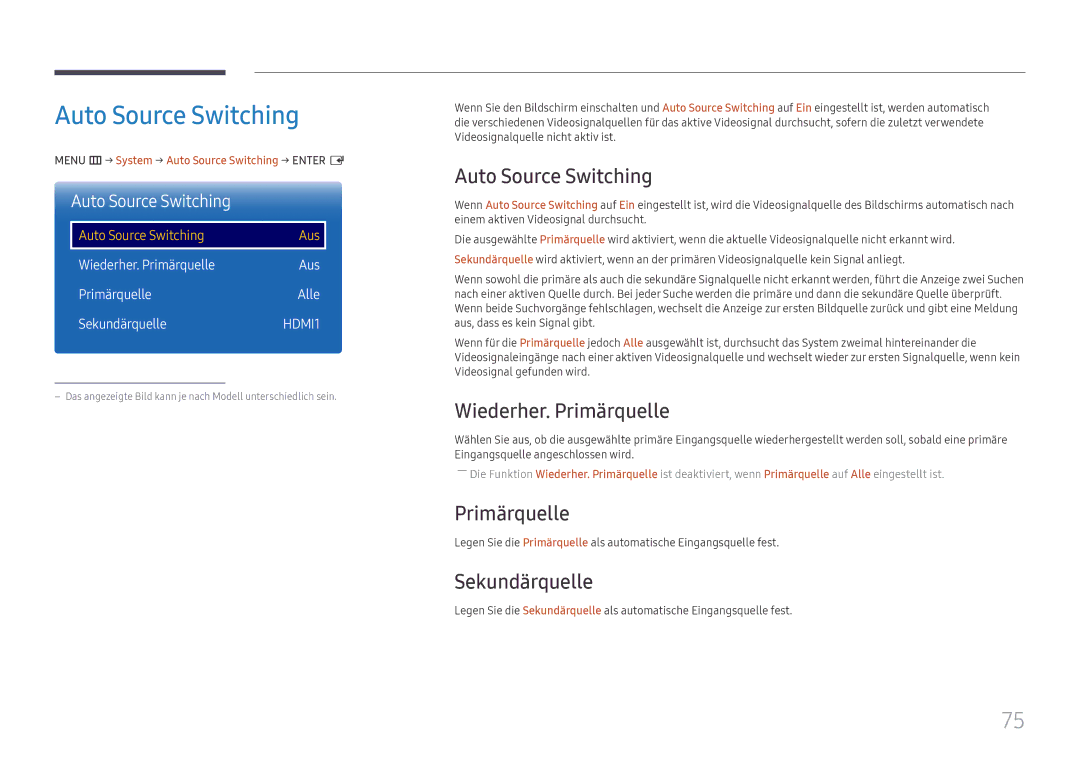 Samsung LH85OHFPLBC/EN manual Auto Source Switching, Wiederher. Primärquelle, Sekundärquelle 