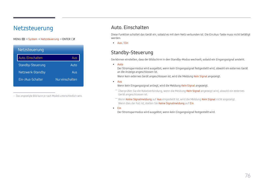 Samsung LH85OHFPLBC/EN manual Netzsteuerung, Auto. Einschalten, Standby-Steuerung 