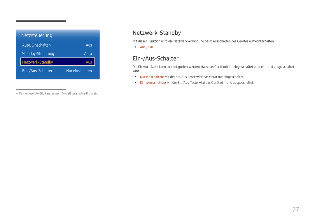 Samsung LH85OHFPLBC/EN manual Netzwerk-Standby, Ein-/Aus-Schalter, Auto. Einschalten Aus Standby-Steuerung 