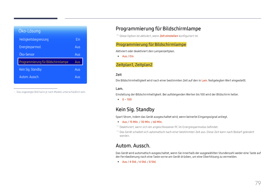 Samsung LH85OHFPLBC/EN manual Programmierung für Bildschirmlampe, Kein Sig. Standby, Autom. Aussch, Zeitplan1, Zeitplan2 