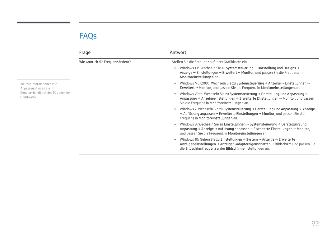 Samsung LH85OHFPLBC/EN manual FAQs, Frage Antwort, Wie kann ich die Frequenz ändern?, Monitoreinstellungen an 