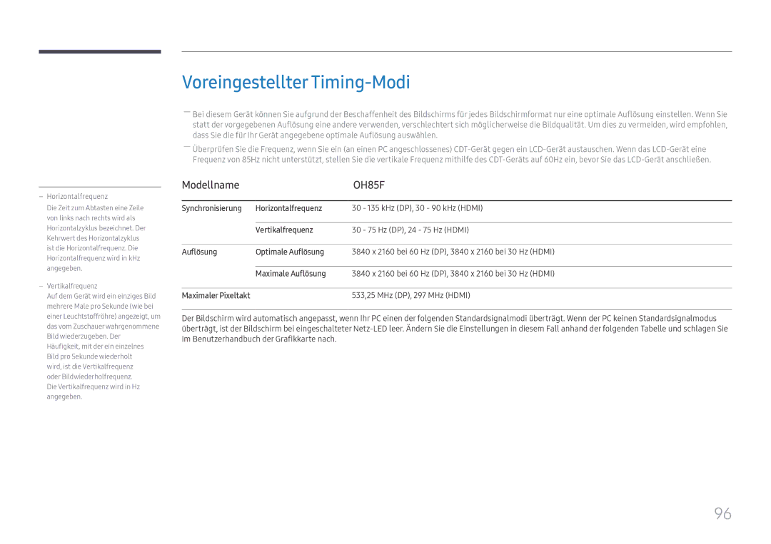 Samsung LH85OHFPLBC/EN manual Voreingestellter Timing-Modi, Synchronisierung Horizontalfrequenz, Vertikalfrequenz 