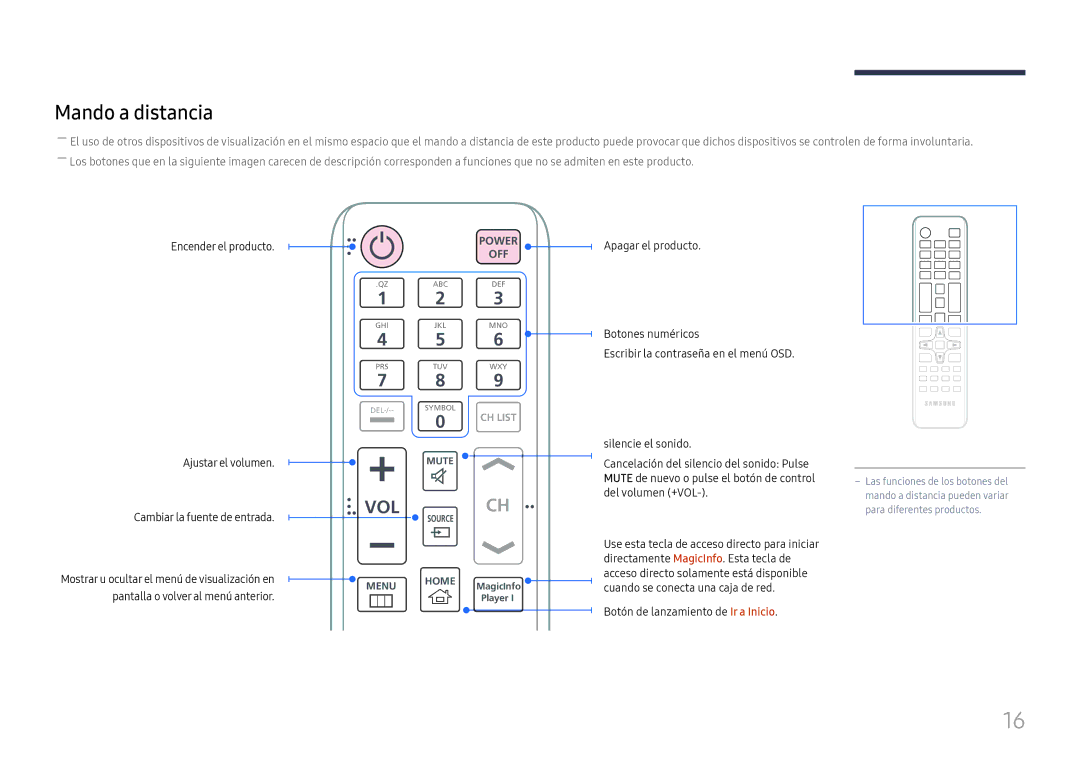 Samsung LH85OHFPLBC/EN Mando a distancia, Encender el producto Ajustar el volumen, Botón de lanzamiento de Ir a Inicio 